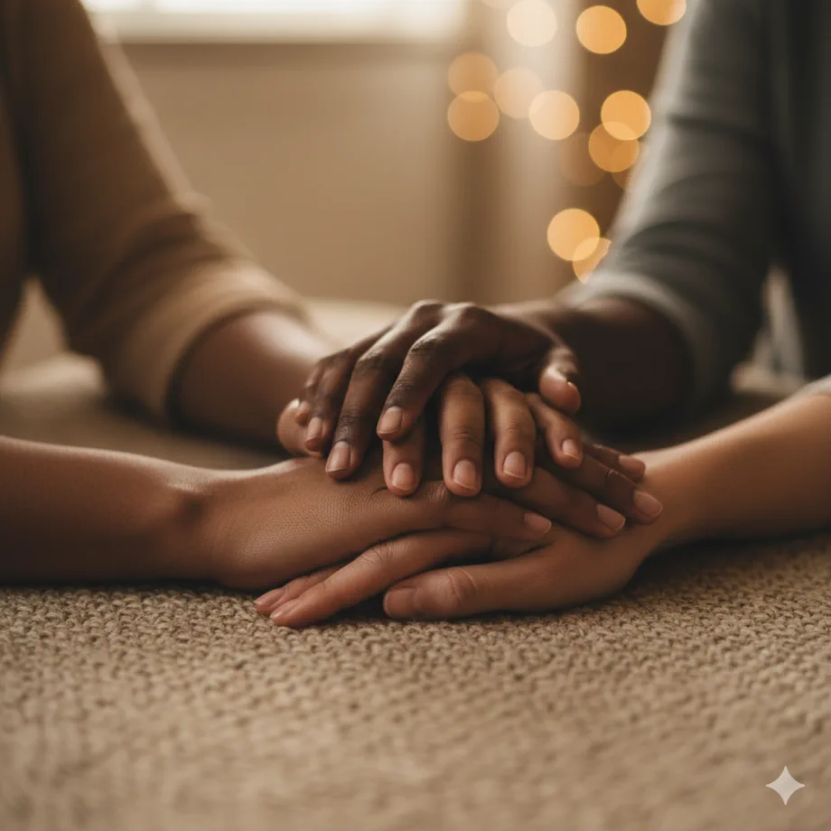 Diverse hands clasped together in support, representing community solidarity across cultures